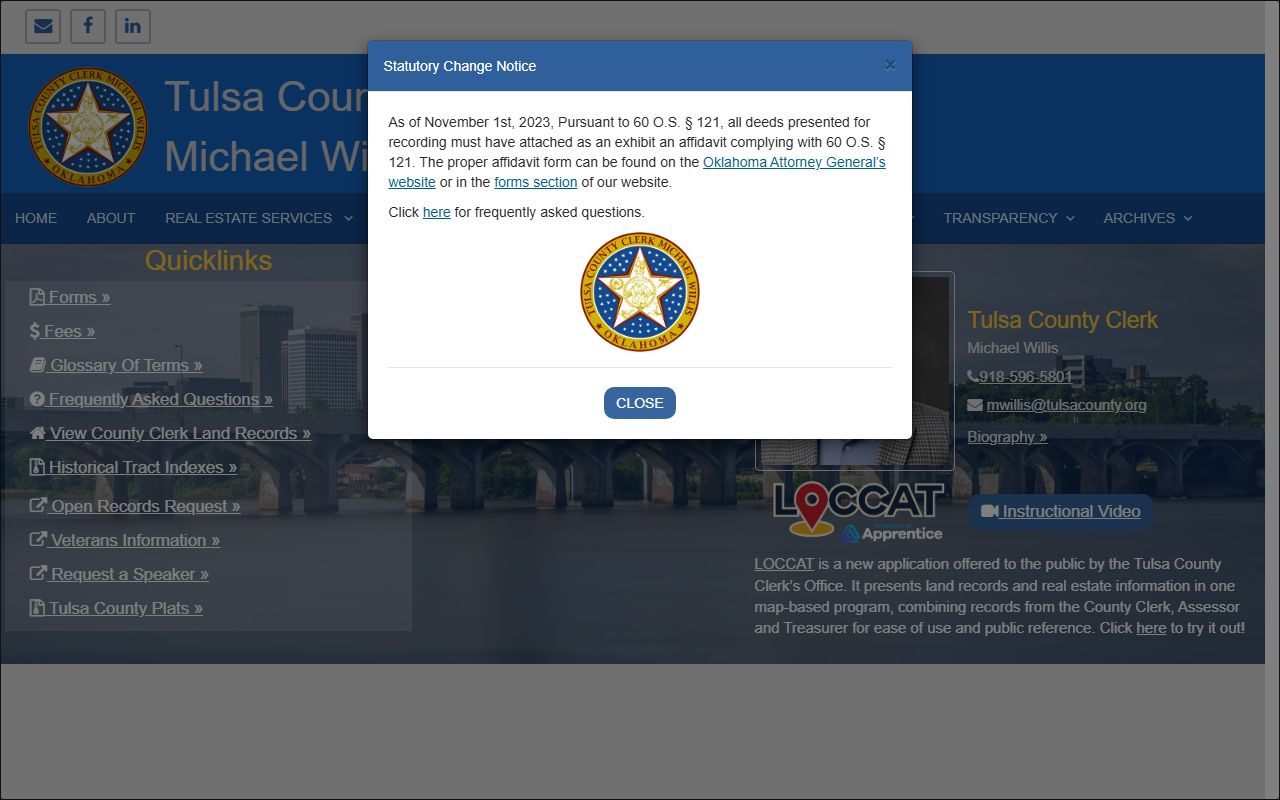 Tulsa County Clerk home page for land and property records