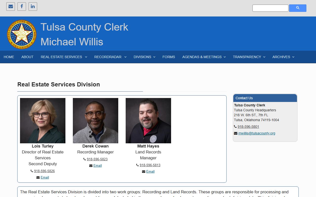 Tulsa County Clerk land records and recording division page