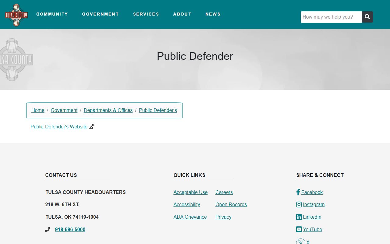 Tulsa County District Court Public Defender office page