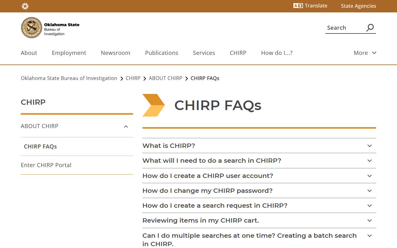 Tulsa County criminal records OSBI CHIRP background check page
