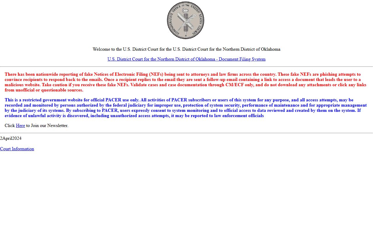 Tulsa County federal court records CM/ECF electronic filing portal