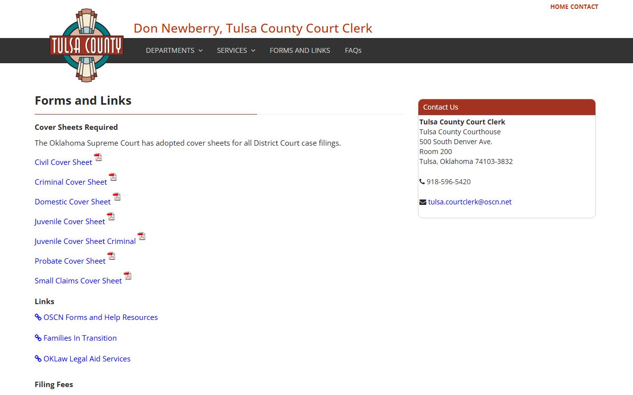 Tulsa County Court Clerk forms and cover sheets page