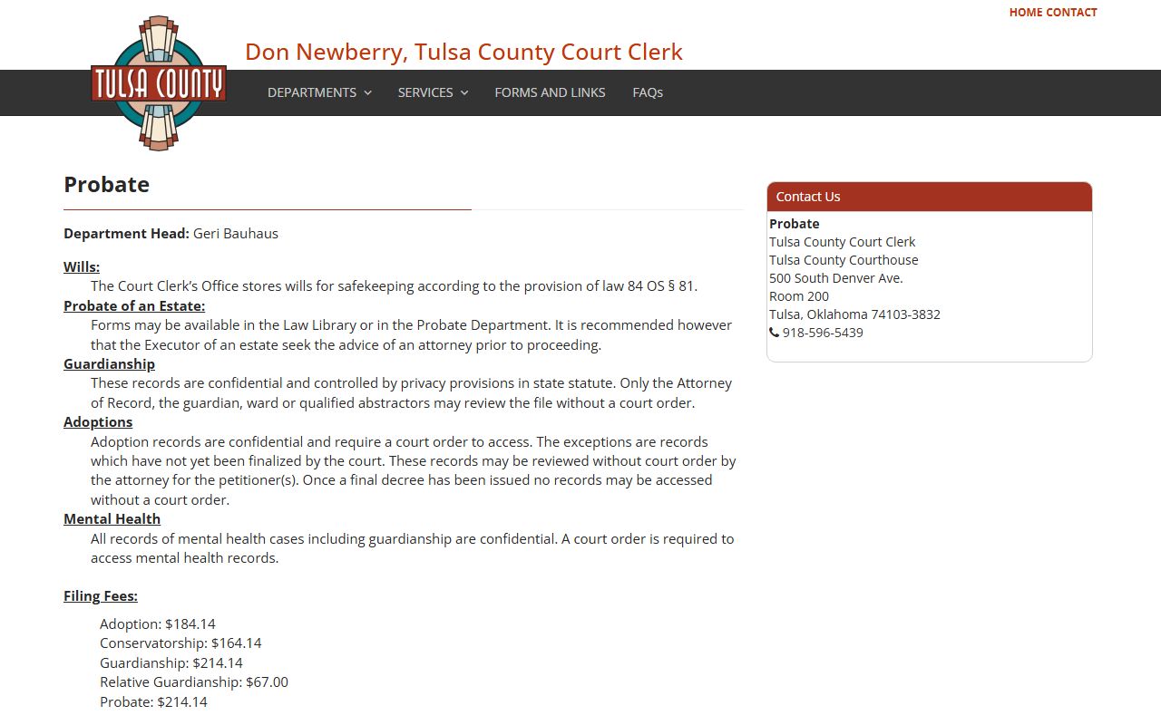 Tulsa County probate records department page