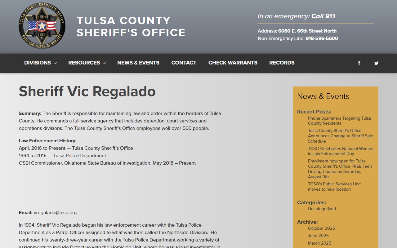 Tulsa County inmate records Sheriff Vic Regalado biography page