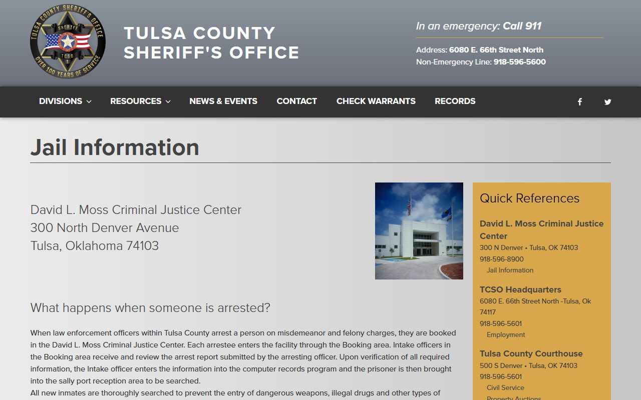 Tulsa County inmate records jail information page at David L. Moss