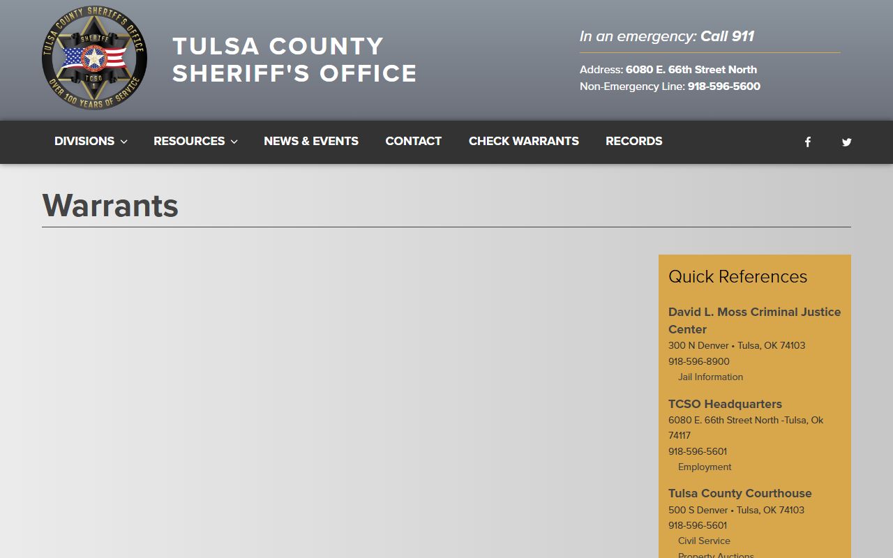 Tulsa County warrant search entry on the Sheriff's Office site